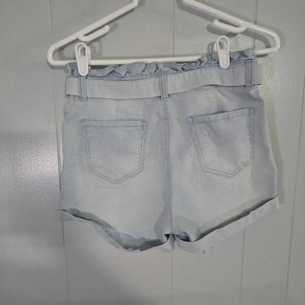 Blue Spice Pinstripe Paperbag Denim‎ Shorts Womens 3 Blue High Waist Belted